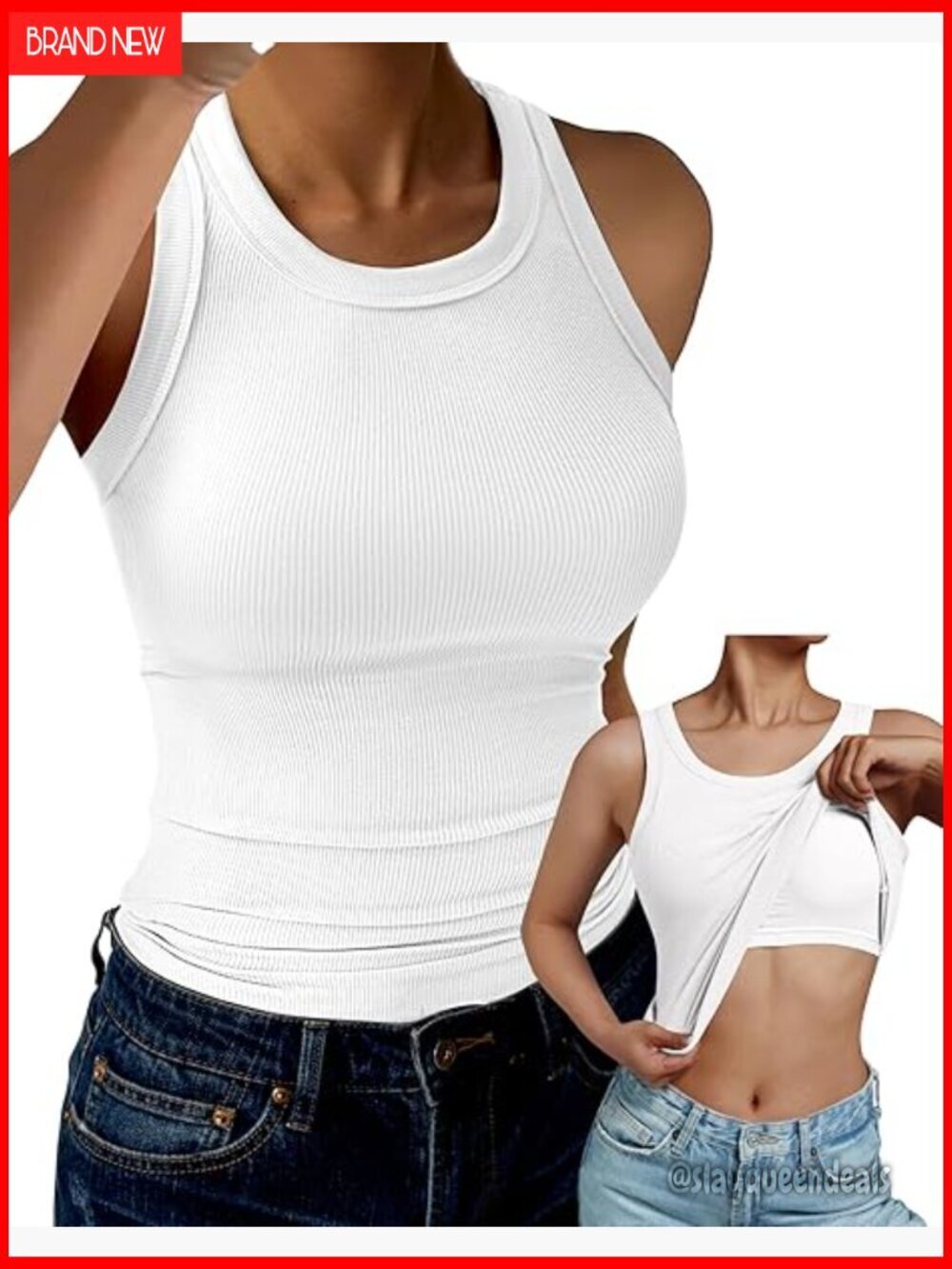 Women's Built-in Bra Ribbed Tank Top High Neck Racerback Slim Fit